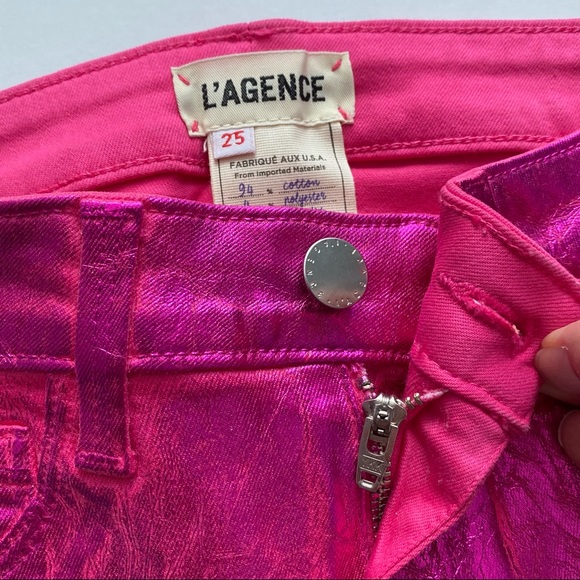 L'AGENCE Coated Foil Metallic Stretch High Rise Skinny Jeans Hot Pink 25 - Picture 7 of 15